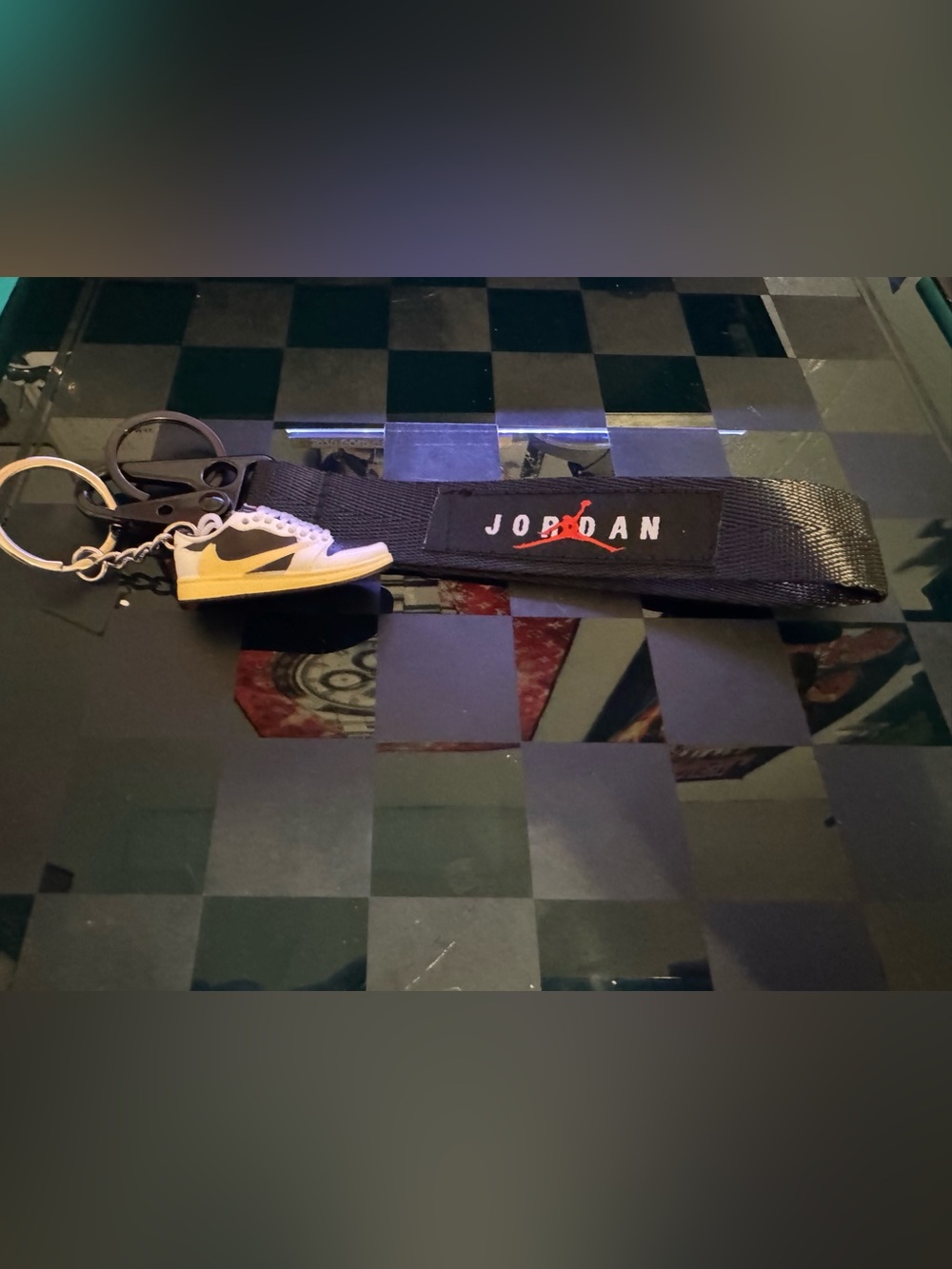 Jordan Black & Yellow Sneaker Keychain with mini Travis Scott Sneaker